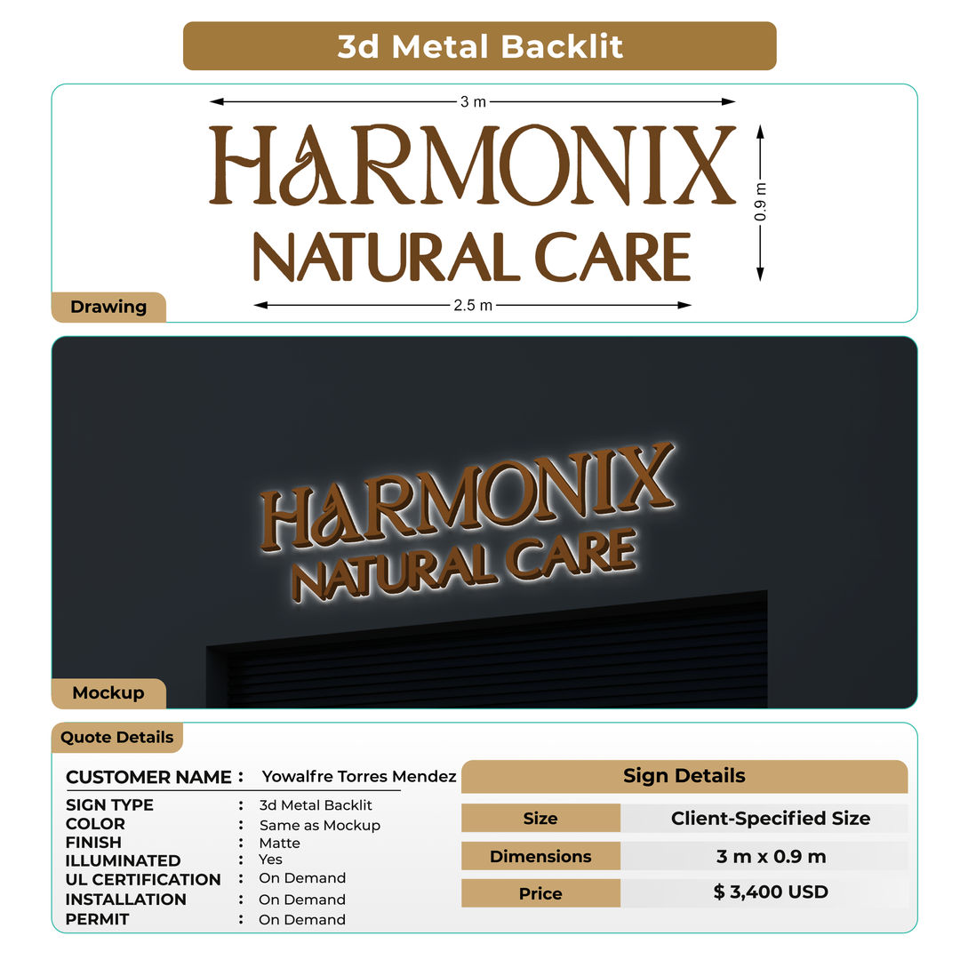 3d metal backlit sign for Yowalfre Torres Mendez