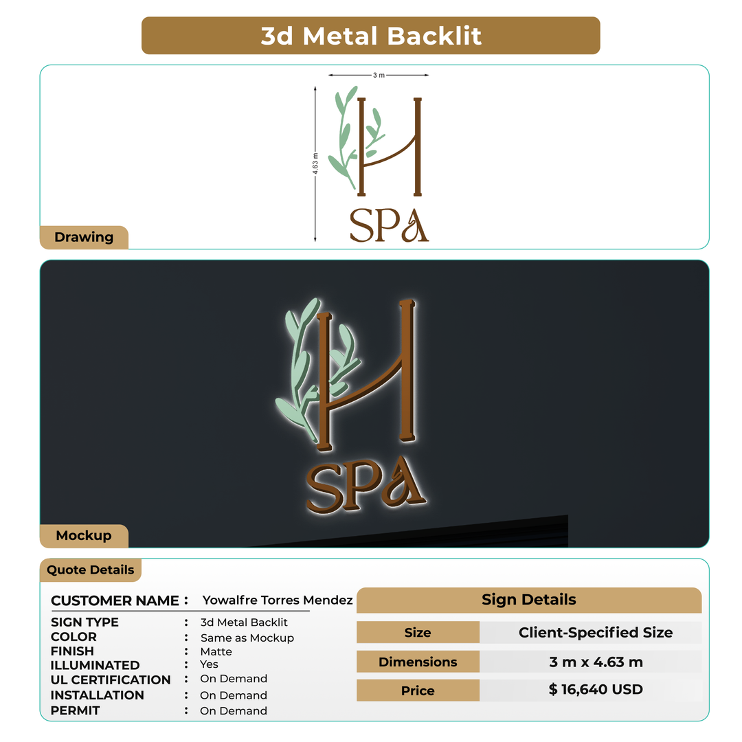 3d metal backlit sign for Yowalfre Torres Mendez