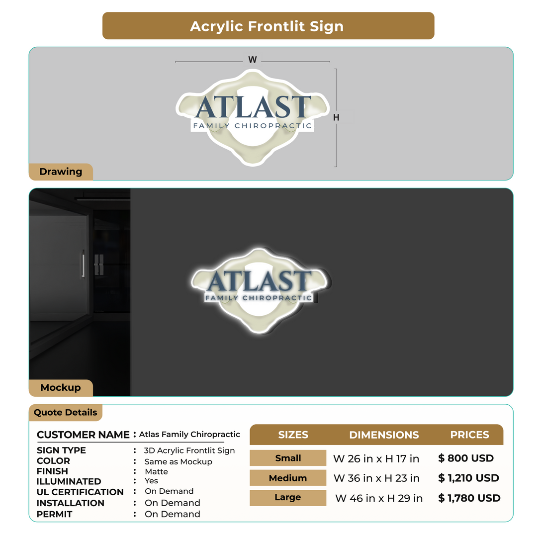 3D Acrylic Frontlit Sign for Atlas Family Chiropractic