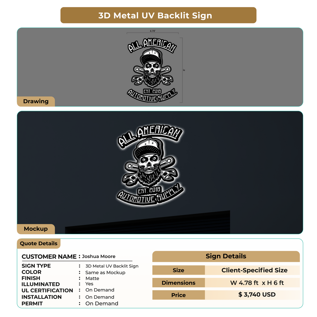 3D Metal UV Backlit Sign for Joshua Moore