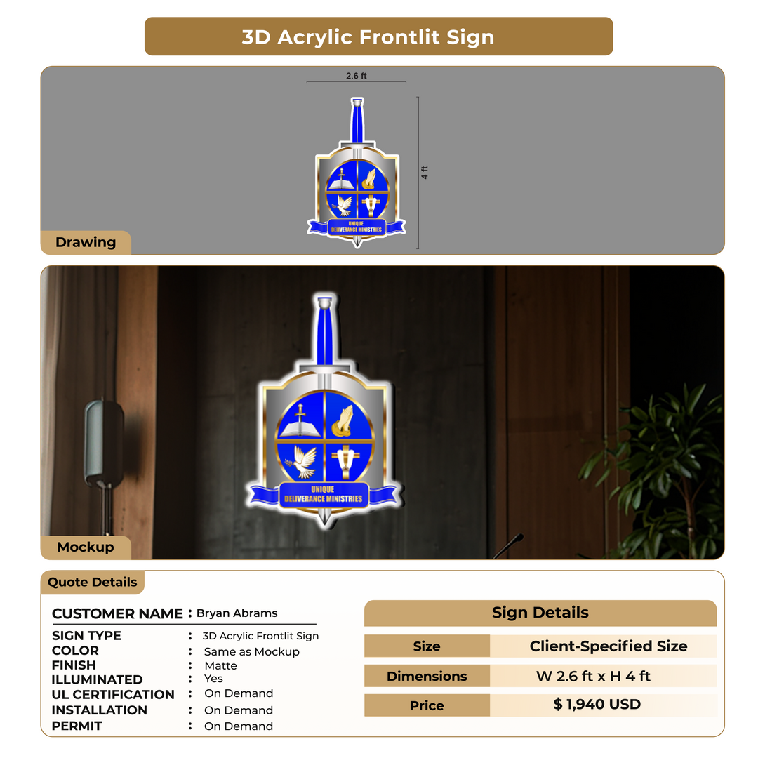 3D Acrylic Frontlit  Sign For Bryan Abrams