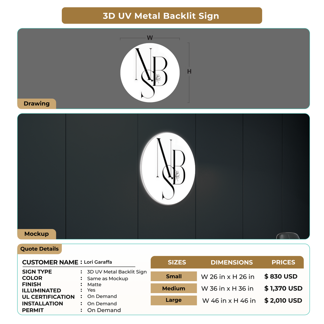 3D UV Metal Backlit Sign for Lori Garaffa