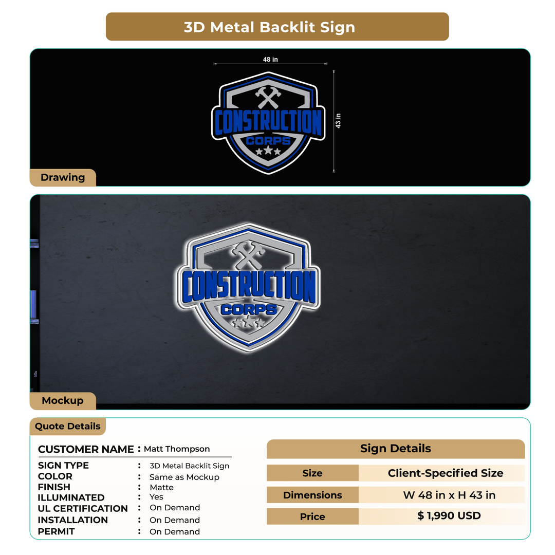 3D Metal Backlit Sign For Matt Thompson