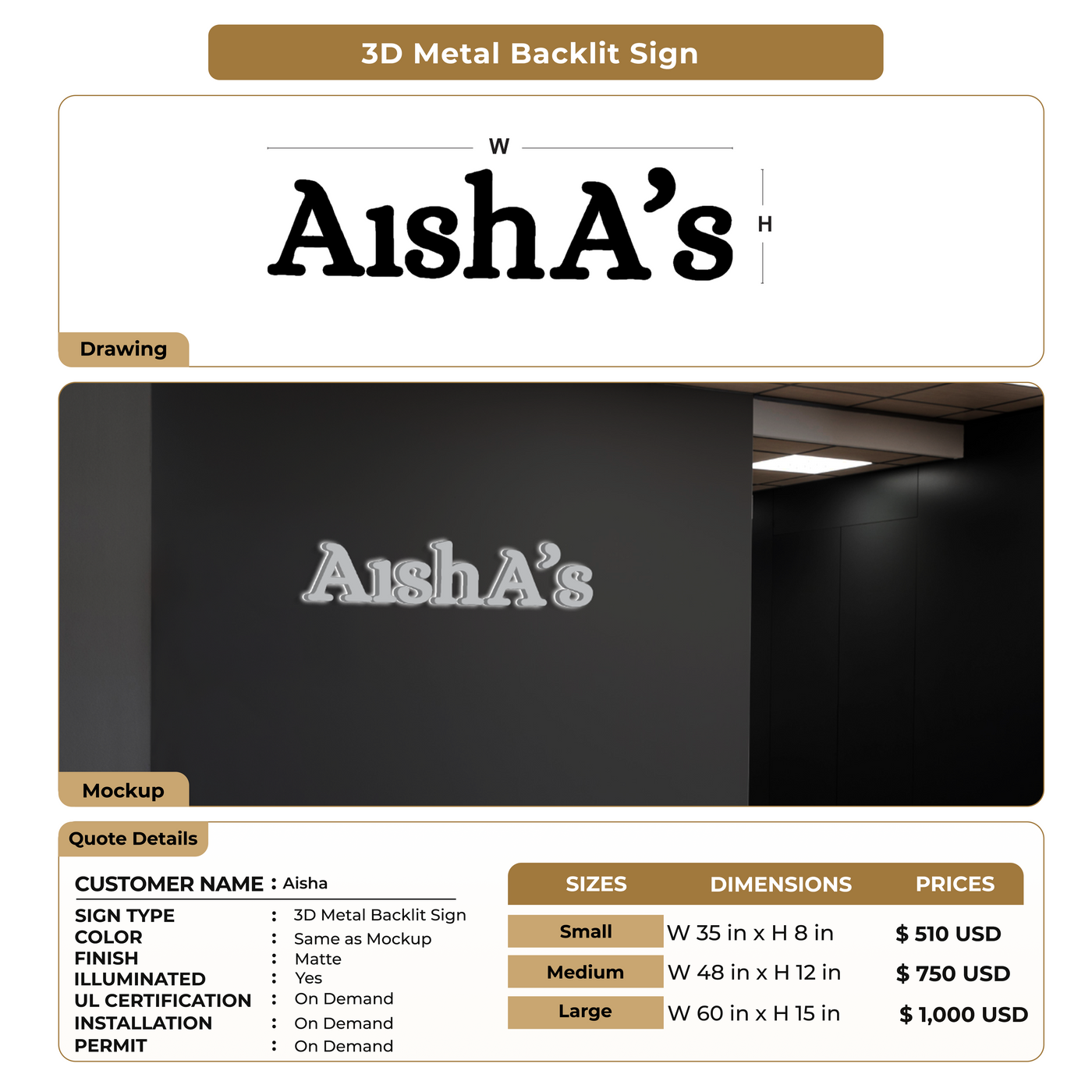 3D Metal backlit Sign for Aisha