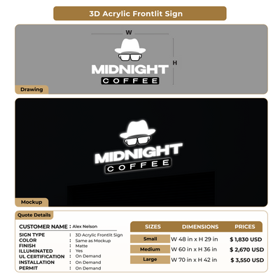 3D Acrylic Frontlit Sign for Alex Nelson