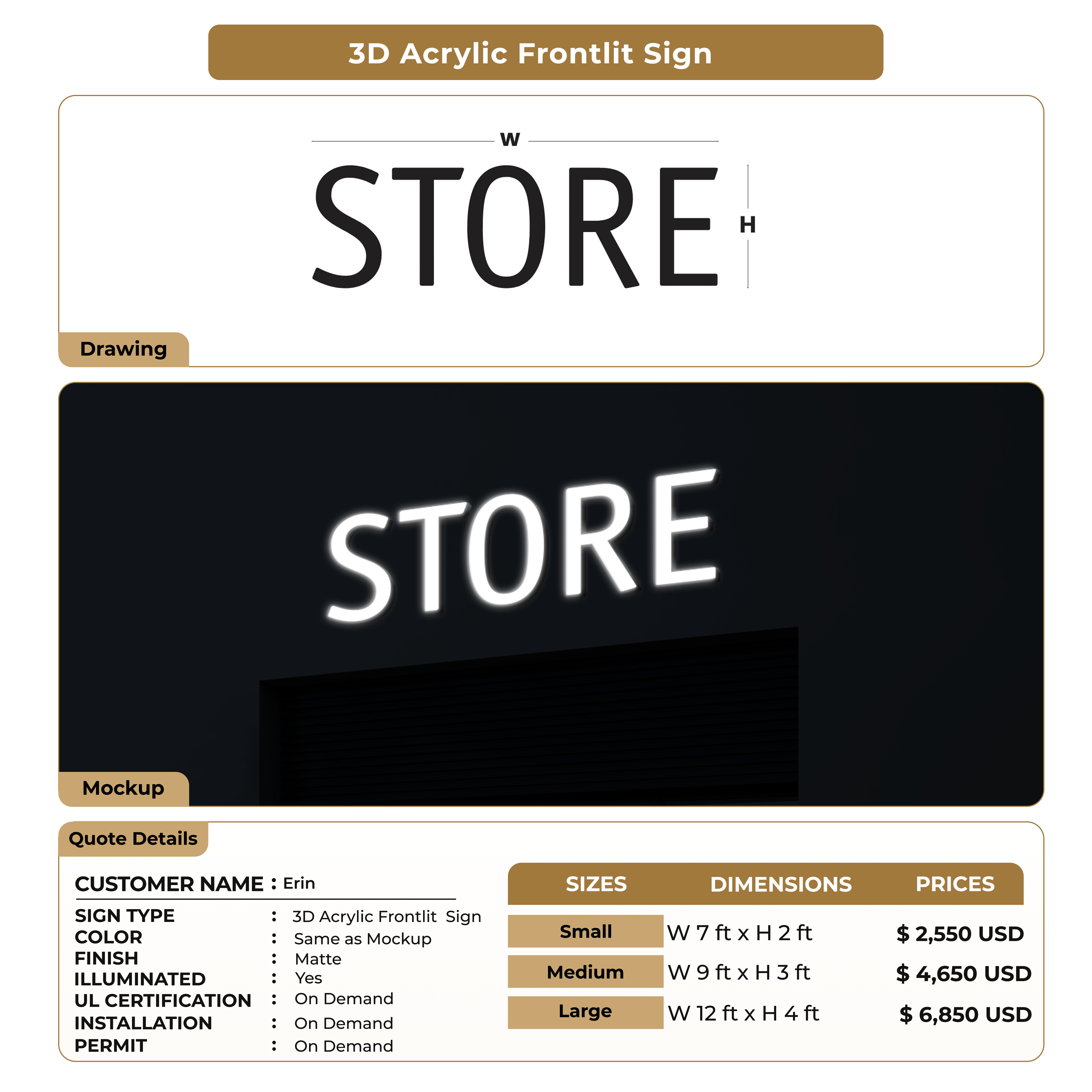 3d Acrylic Frontlit Sign for Erin – Signize
