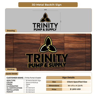 3D Metal Backlit Sign for Trinity Pump & Supply