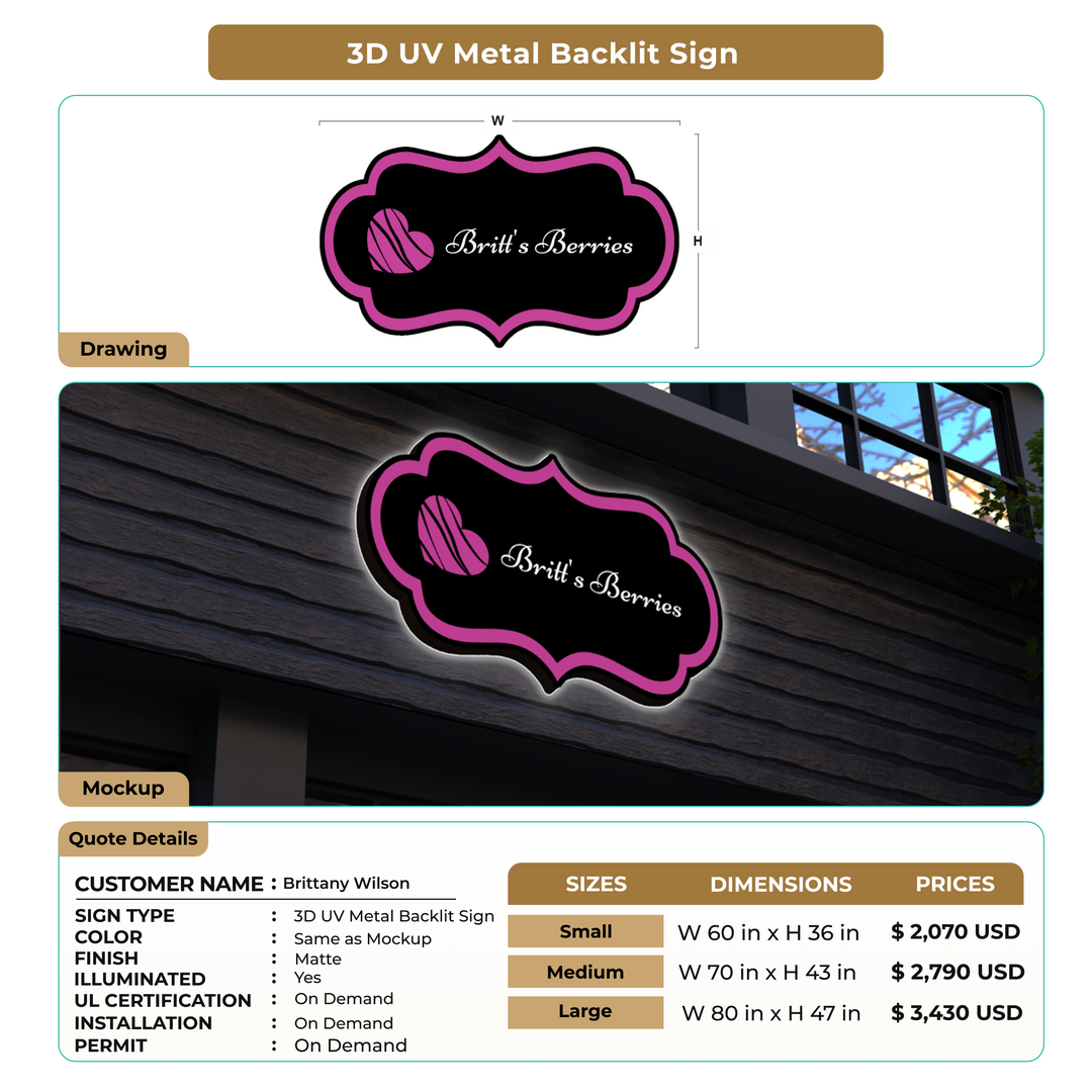 3D UV Metal Backlit Sign for Brittany Wilson