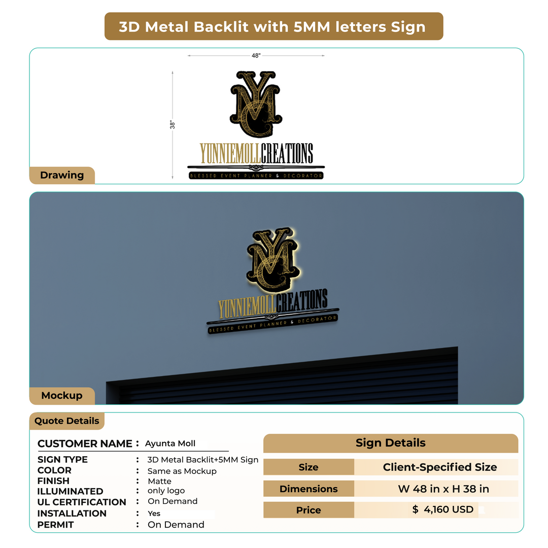 3D Metal Backlit + 5MM Letters Sign for Ayunta Moll