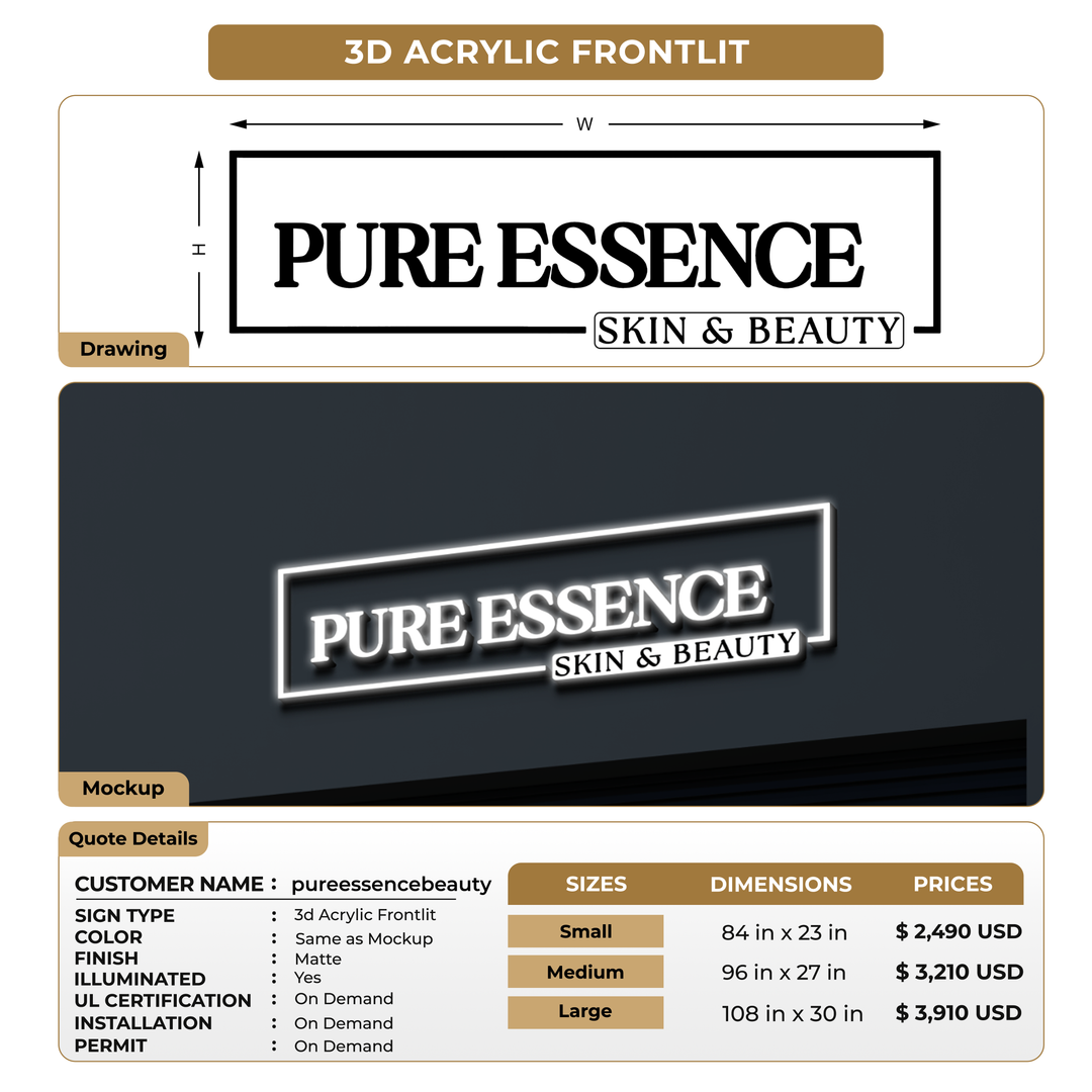 3D Acrylic Frontlit Sign for pureessencebeauty
