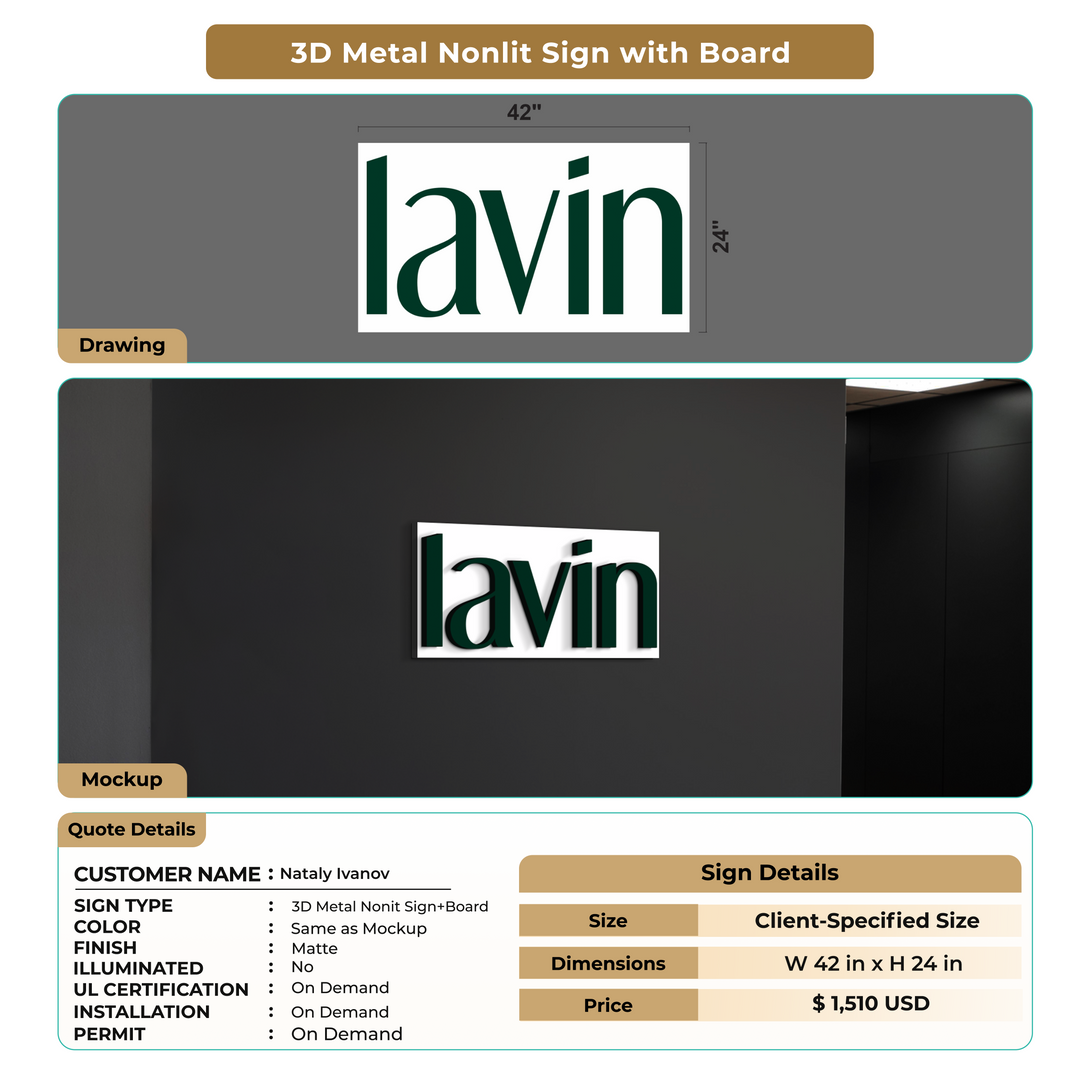 3D Metal Nonlit Sign with board for Nataly Ivanov