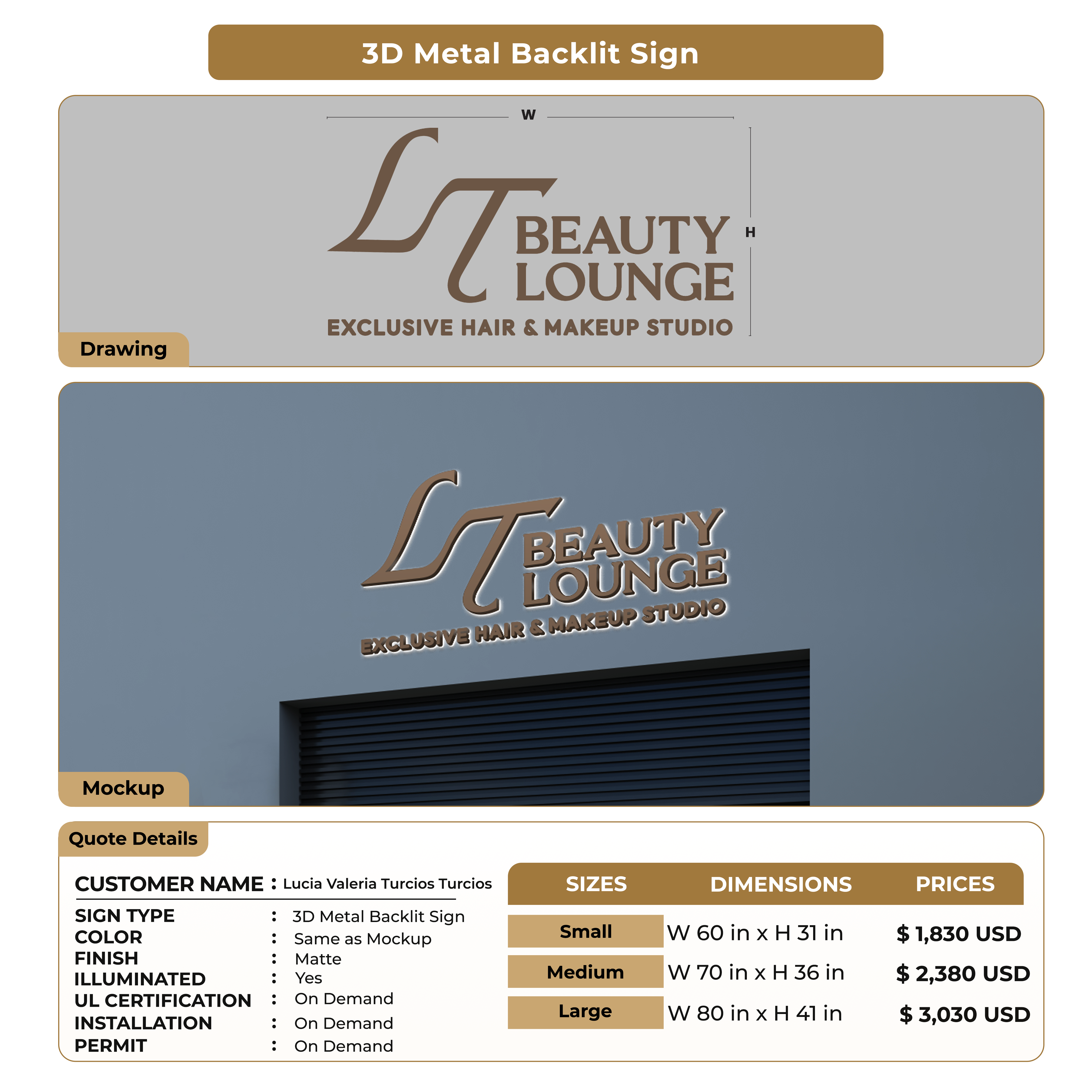 3d Metal Backlit Sign for Lucia Valeria Turcios Turcios – Signize