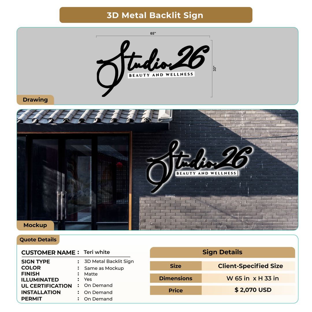 3D Metal Backlit Sign for Teri white