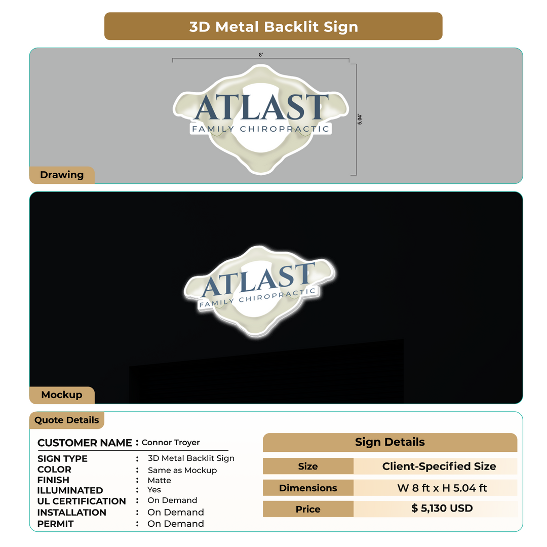 3D Metal Backlit Sign for Connor Troyer