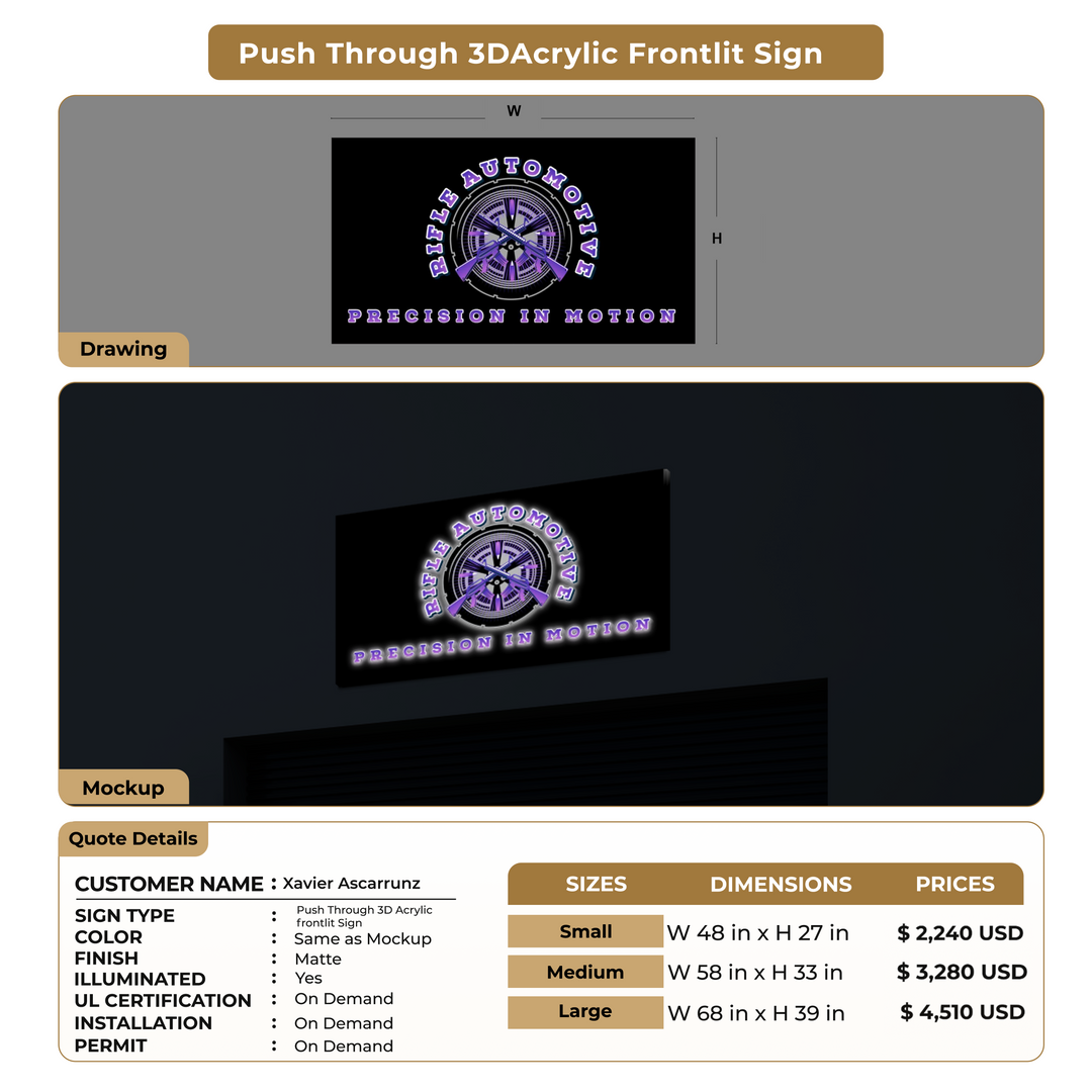 Push Through 3D Acrylic Frontlit Sign for Xavier Ascarrunz