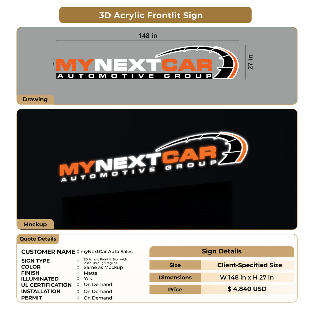 3D Acrylic Frontlit Sign for myNextCar Auto Sales