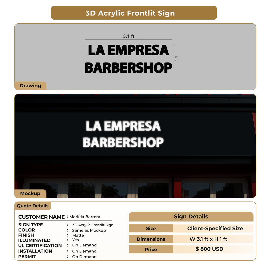 3D Acrylic Frontlit Sign for Mariela Barrera