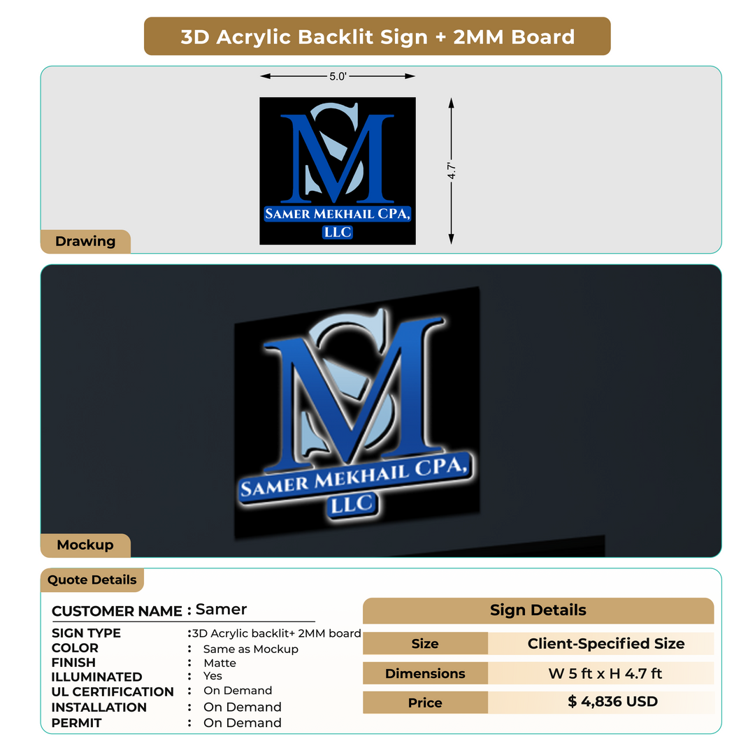3D Acrylic Backlit + 2MM Backboard Sign For Samer