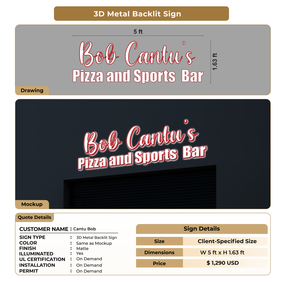 3D Metal Backlit Sign For Cantu Bob