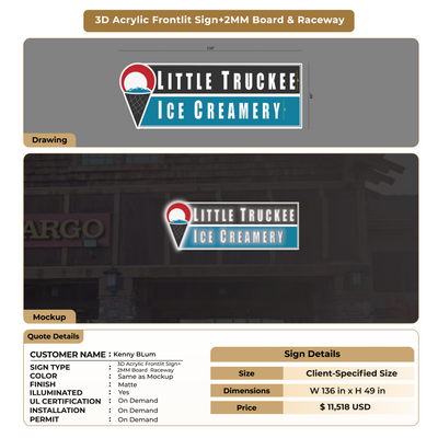 3D Acrylic Frontlit +2MM Board & Raceway Signs for Kenny BLum