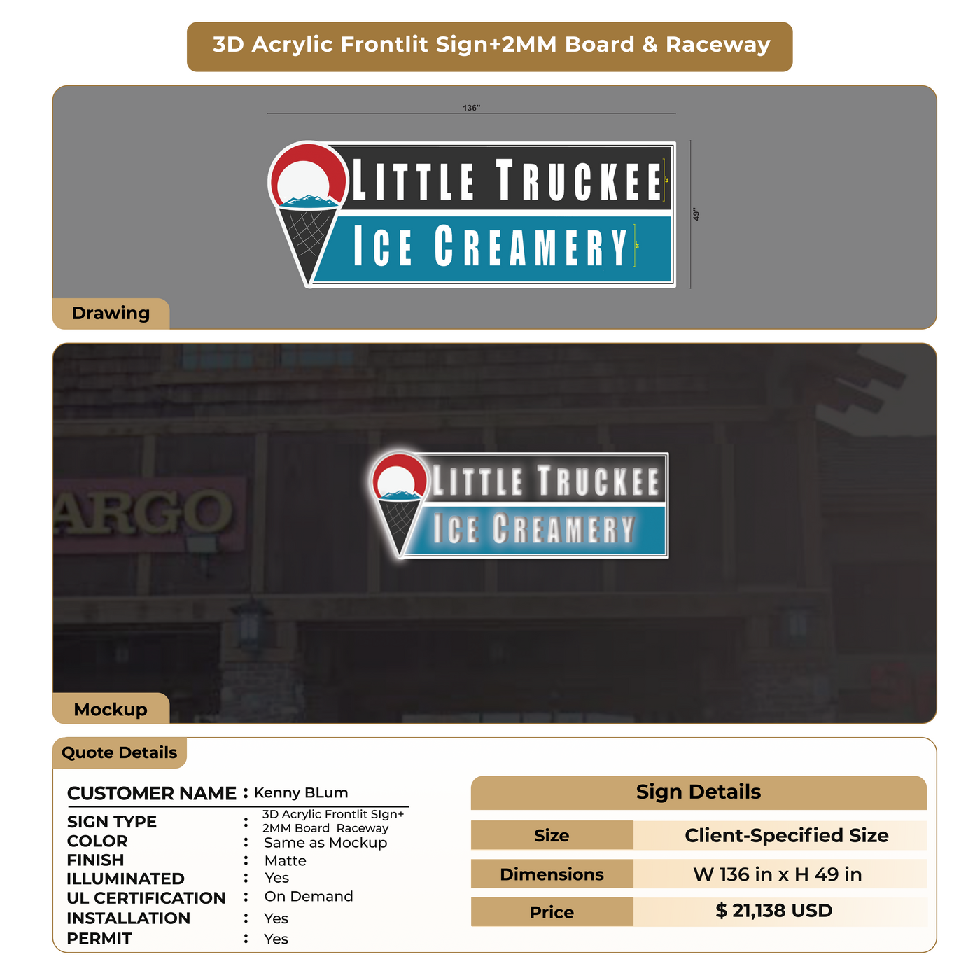 3D Acrylic Frontlit +2MM Board & Raceway Signs for Kenny BLum
