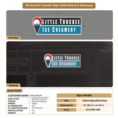 3D Acrylic Frontlit +2MM Board & Raceway Signs for Kenny BLum